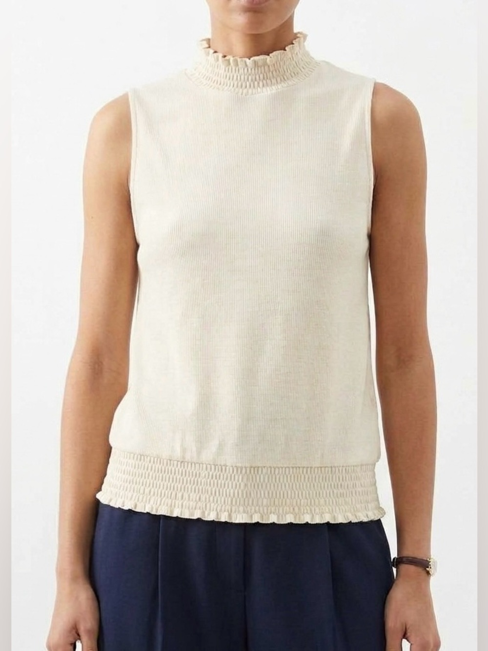 EVEREVE Oatmeal Ribbed Smocked Mock Neck Sleeveless Top Elevated Basics S